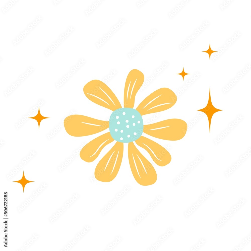 Isolated yellow flower in doodle style. Vector illustration.