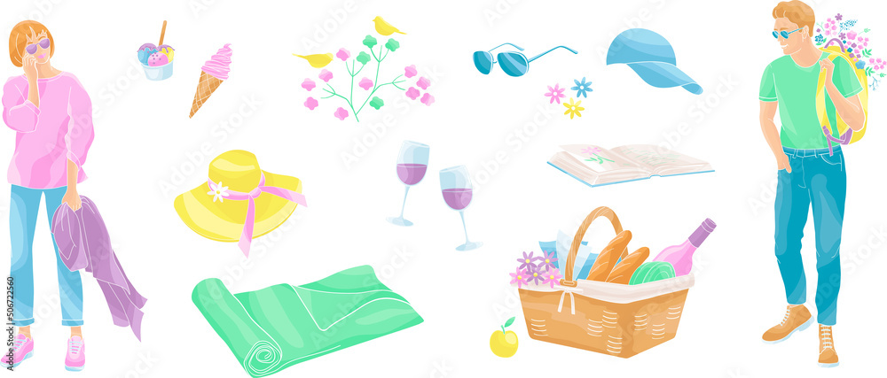 Man and woman going to picnic and set elements - picnic basket, wine glasses, ice cream, flowers, sunglasses. vector colour illustration