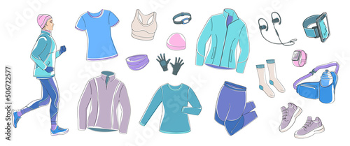 Women running and set elements about jogging in winter time, sportswear, stopwatch, sneakers, tracker, water bottle, headphones, winter hat, gloves.Linear vector with colour shapes