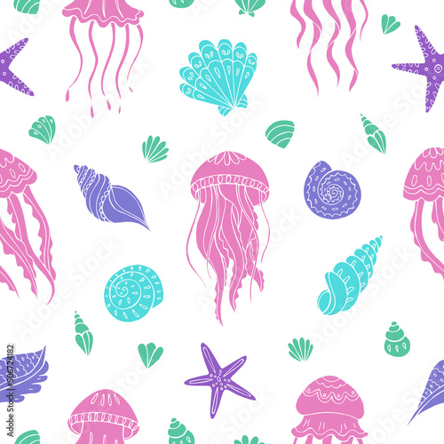 Seamless vector pattern with sketch of jellyfish and sea shells. Sea seamless vector pattern. Decoration print for wrapping, wallpaper, fabric. 
