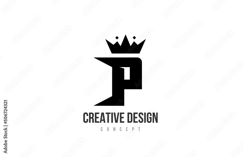 P black and white alphabet letter logo icon design with king crown and spikes. Template for company and business P black and white alphabet letter logo icon design with king crown and spikes. Template for company and business