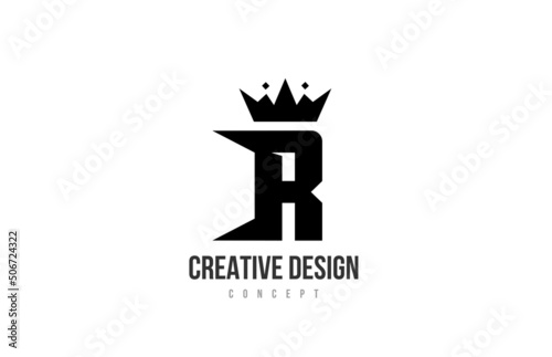 R black and white alphabet letter logo icon design with king crown and spikes. Template for company and business