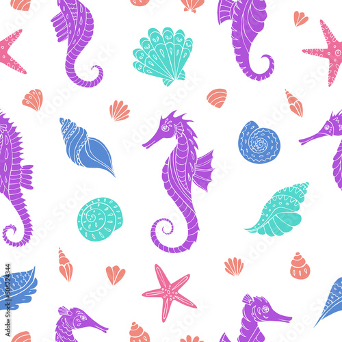 Seamless vector pattern with sketch of hippocampus  starfish and sea shells. Sea seamless vector pattern. Decoration print for wrapping  wallpaper  fabric.