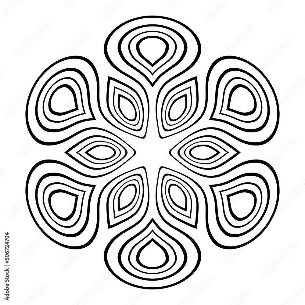 Abstract round symmetrical outline pattern isolated on white background. Stencil. Flower. Decorative element. Tattoo design. Vector monochrome illustration.