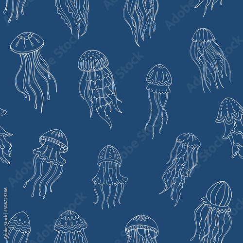 Seamless vector pattern with sketch of jellyfish. Sea seamless vector pattern. Decoration print for wrapping, wallpaper, fabric. 