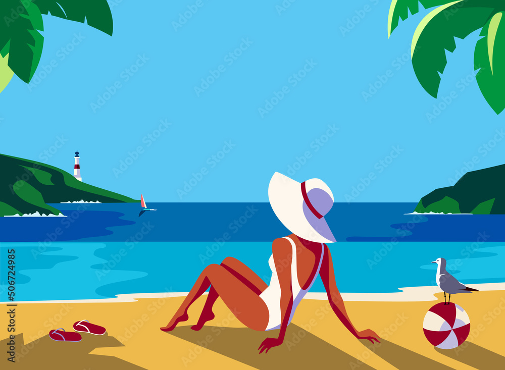 Female resting on sea sand beach enjoy tropical seascape. Travel retro style poster flat design. Summer seaside blue ocean scenic view background. Sea beach vacation tourist leisure trip illustration
