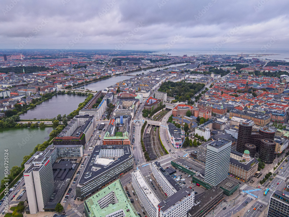 Obraz premium Beautiful aerial view of the delish city of Copenhagen the capital of Denmark, it's impressive historical architecture and skyscrapers