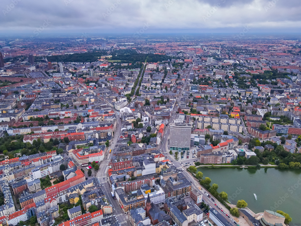 Beautiful aerial view of the delish city of Copenhagen the capital of Denmark, it's impressive historical architecture and skyscrapers
