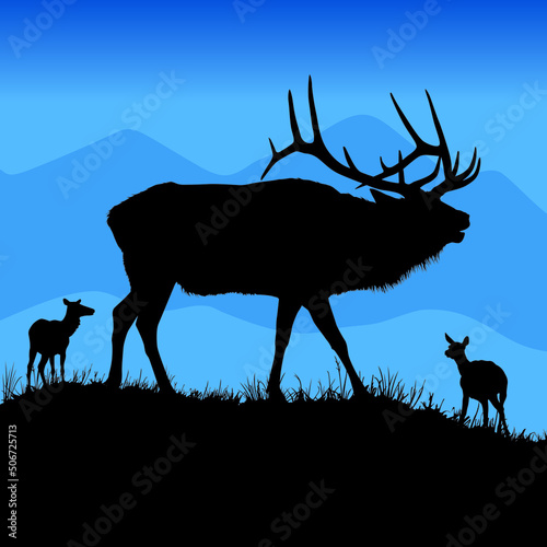 A vector silhouette of a large male bull elk bugling.