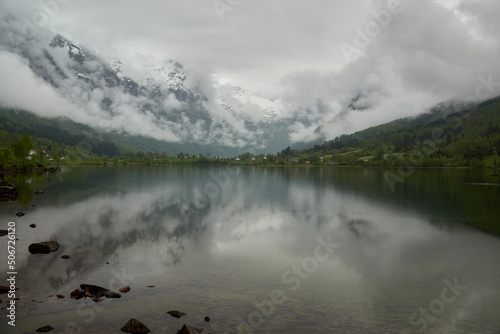 Norwegian fjords. Atmospheric spring in Norway. Jostedalsbreen National Park. Reflection.