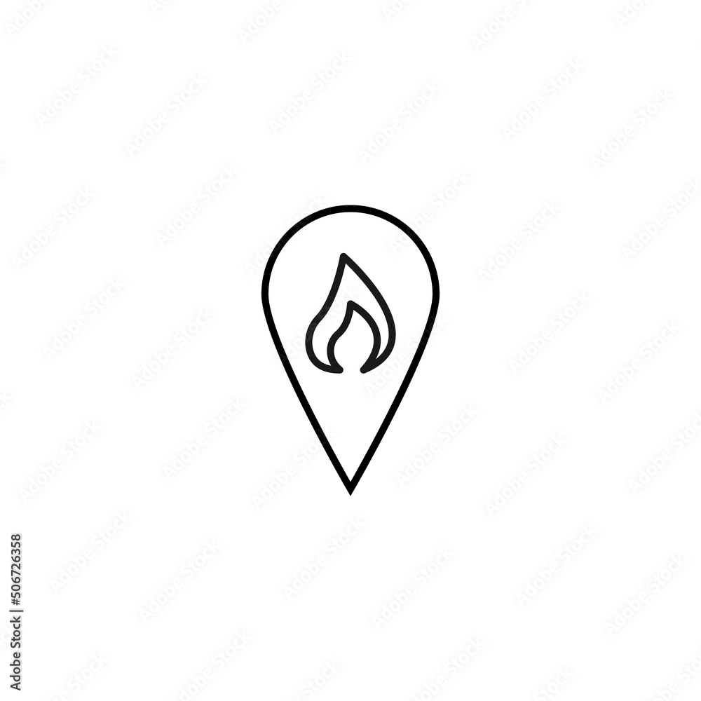 Vector symbol drawn with black thin line. Simple monochrome sign perfect for articles, books, stores, shops. Line icon of flame inside of geolocation sign Vector symbol drawn with black thin line. Simple monochrome sign perfect for articles, books, stores, shops. Line icon of flame inside of geolocation sign