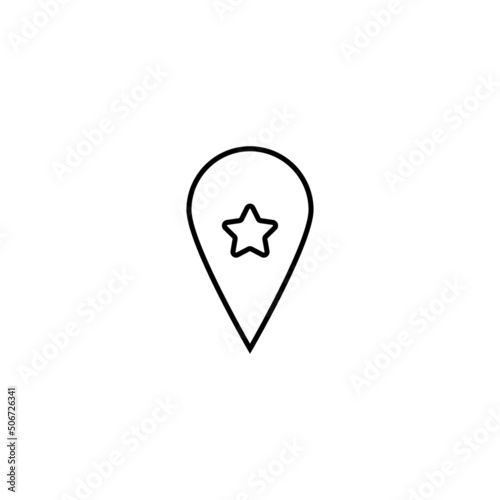 Vector symbol drawn with black thin line. Simple monochrome sign perfect for articles, books, stores, shops. Line icon of star inside of geolocation sign