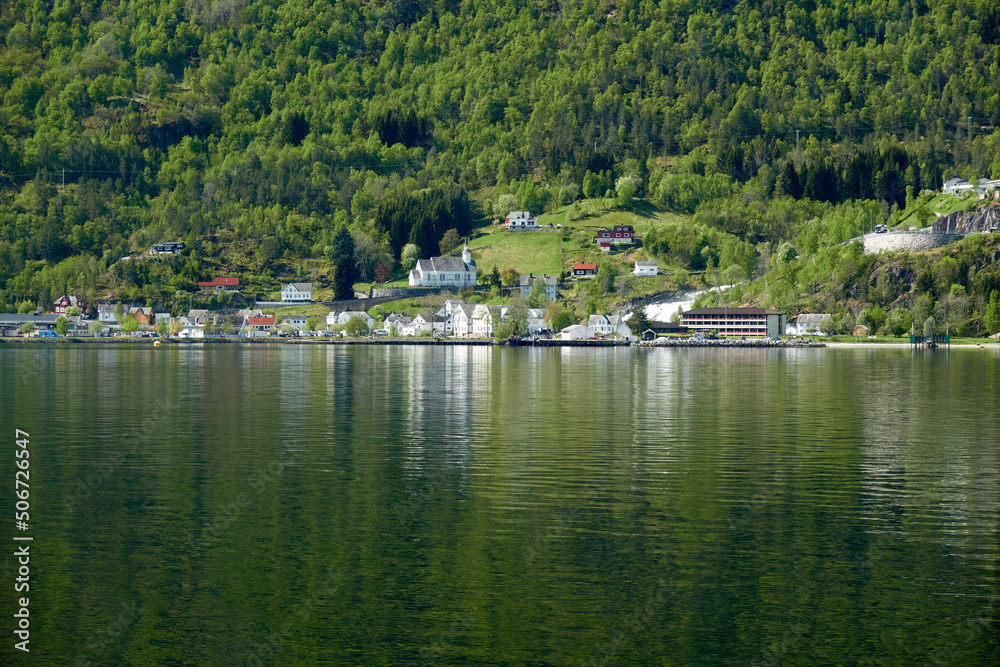 Geirangerfjord. Spring in the Norwegian fjord. Hellesylt's view
