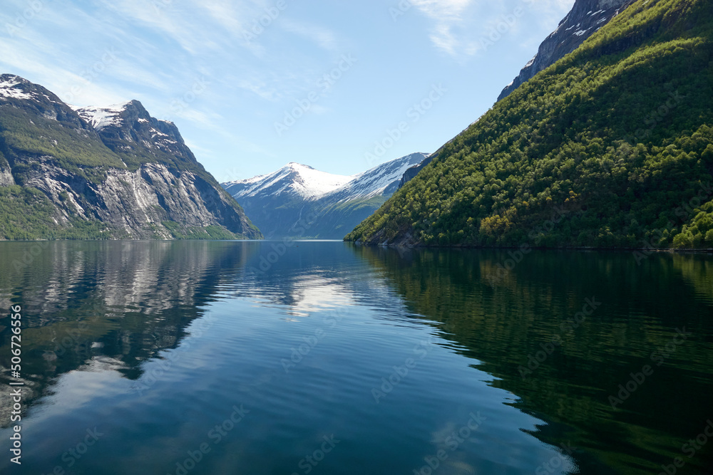 Geirangerfjord. Spring in the norwegian fjord. Trees