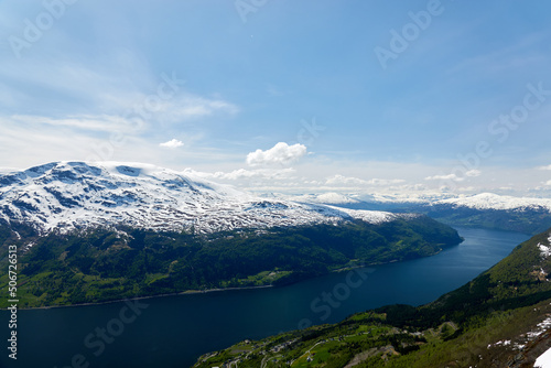 Norwegian fjords. Lake. Spring. Snow. 