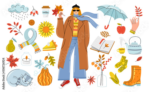 Autumn vector set. Modern girl in coat fall outfit