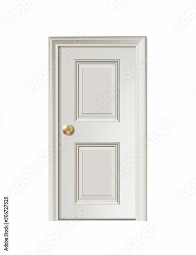3d realistic vector icon. White wooden modern door with a handle. Isolated on white background.