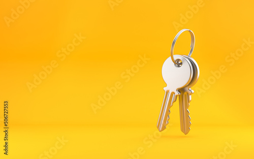 Estate concept, key ring and keys on bright yellow background. 3d rendering photo