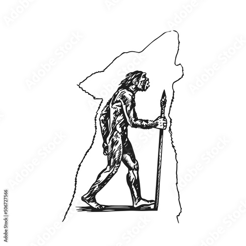 Homo erectus. View from the side. Hand drawing sketch photo