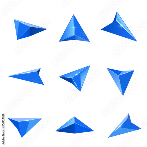 Blue glossy crystal navigation arrow realistic set