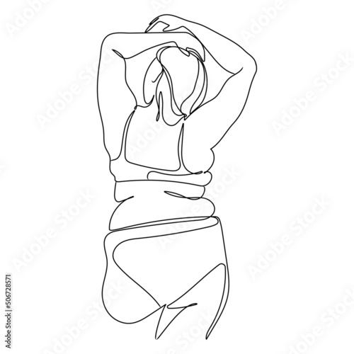 Minimal art curvy woman in line art style vector illustration isolated on white background. Positive person.Plus size girl in underwear back view,continuous line art design.