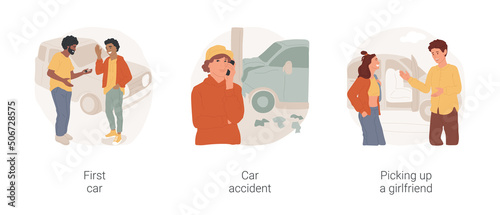 Getting the first car isolated cartoon vector illustration set. First car as a present, teen holding keys, car accident, calling for assistance, picking up girlfriend from home vector cartoon.