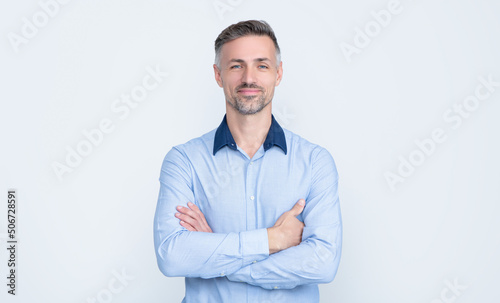 happy mature ceo wear businesslike shirt on grey background