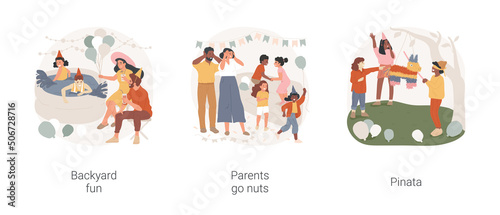Backyard Birthday party isolated cartoon vector illustration set. Children have fun on backyard, splashing water, parents go nuts, happy kids running and yelling, breaking pinata vector cartoon.