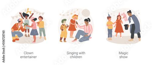 Kids party entertainers isolated cartoon vector illustration set. Invite clown entertainer, singing with children, karaoke Birthday celebration, kid watch magic show, magician trick vector cartoon.