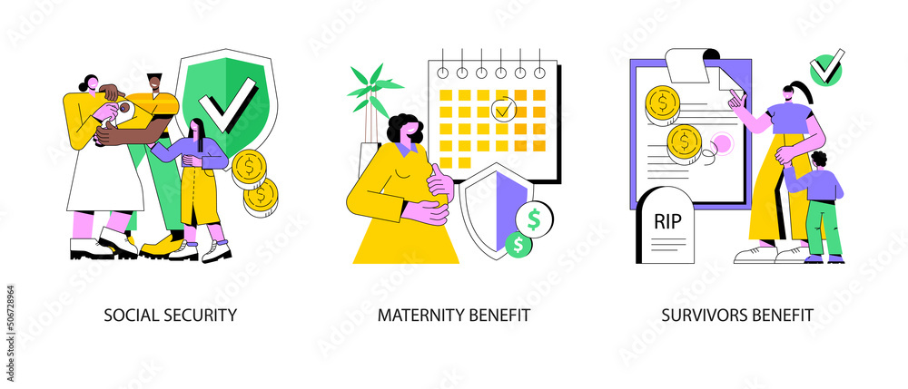 State allowance abstract concept vector illustration set. Social security, maternity and survivors benefit, retirement insurance, parental support, death certificate, financial help abstract metaphor.