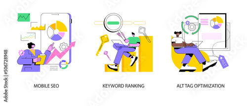 Search engine marketing abstract concept vector illustration set. Mobile SEO agency, keyword ranking, alt tag optimization, website ranking, search optimization, page navigation abstract metaphor.