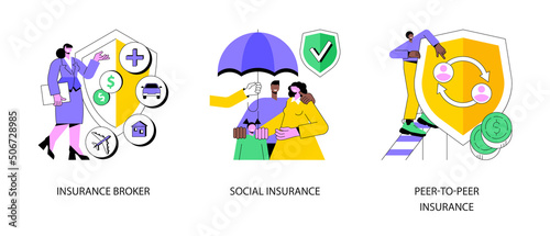 Risk insurance abstract concept vector illustration set. Insurance broker, social and peer-to-peer paid benefit, emergency risk, unemployment and income loss, pension trust fund abstract metaphor.