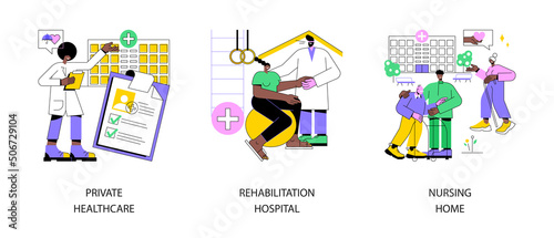 Medical facility abstract concept vector illustration set. Private healthcare, rehabilitation hospital, nursing home, medical condition, residential home, physical therapy abstract metaphor.