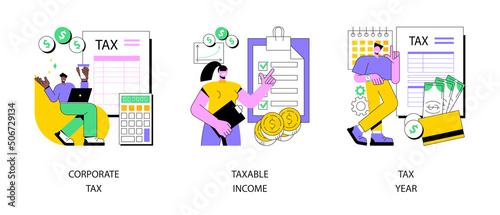 Tax preparation abstract concept vector illustration set. Corporate tax, taxable income, fiscal year, document preparation, payment planning, corporate accountancy, annual return abstract metaphor.