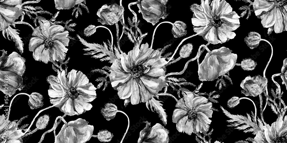 Watercolor seamless black and white floral pattern. Flowers and buds poppies on a black background. Simple botanical texture in vintage style. Summer spring motif for textile and surface design