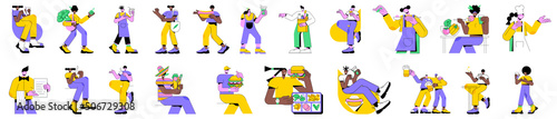 Colorful linear vector illustration set of isolated characters. Cafe and bar clients, restaurant chef and waiter, cooking meal recipes, street food snack, beer pub, shopping in grocery store.