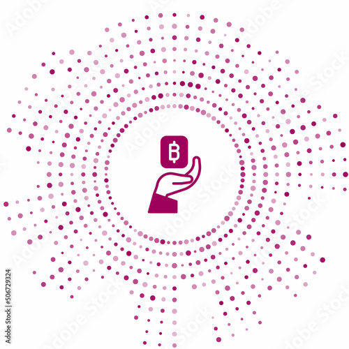 Purple Hand holding Bitcoin icon isolated on white background. Blockchain technology, digital money market, cryptocoin wallet. Abstract circle random dots. Vector