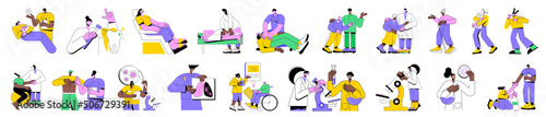 Colorful linear vector isolated illustration set of people medical professionals doctors and nurses. Dental office, teeth cleaning, pregnancy and maternity, medical check up, blood sugar test.