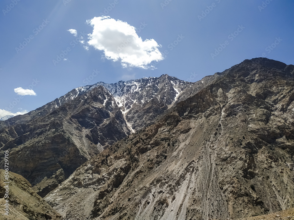 landscape in the himalayas with blue sky and clouds