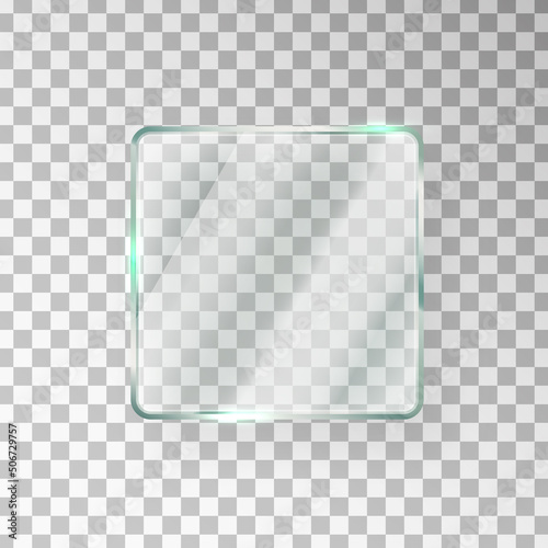 Glass square window texture. Gloss screen effect. Plastic plate mockup. Mirror panel. Digital frame. Clear button. Glossy tag and badge. Shiny framework. Light rectangle banner. Vector illustration