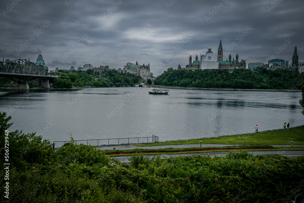 A view of the Ottawa river and Parliament hill in the capital of Canada