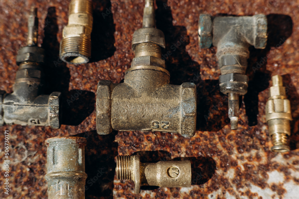 old rusty non-ferrous metals, brass parts and parts
