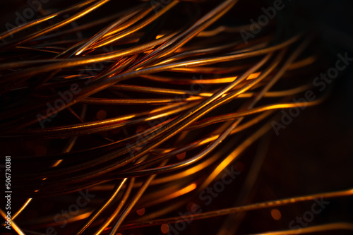 scrap of non-ferrous metals, rings of clean copper wire close-up, macro