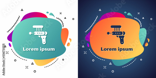 White Ray gun icon isolated on white and blue background. Laser weapon. Space blaster. Abstract banner with liquid shapes. Vector