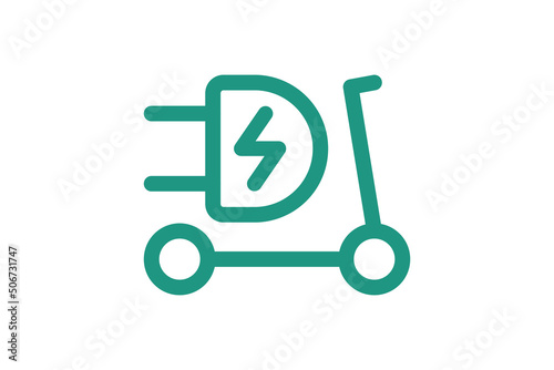 Electric push scooter icon. Green cable electrical kick e-scooter contour and plug charging symbol. Eco friendly electro vehicle logo concept. Vector battery powered EV transportation eps illustration