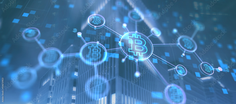 Bitcoin on corporate skyscrapers and office blocks background. Cryptocurrency future Technology Bitcoin on corporate skyscrapers and office blocks background. Cryptocurrency future Technology