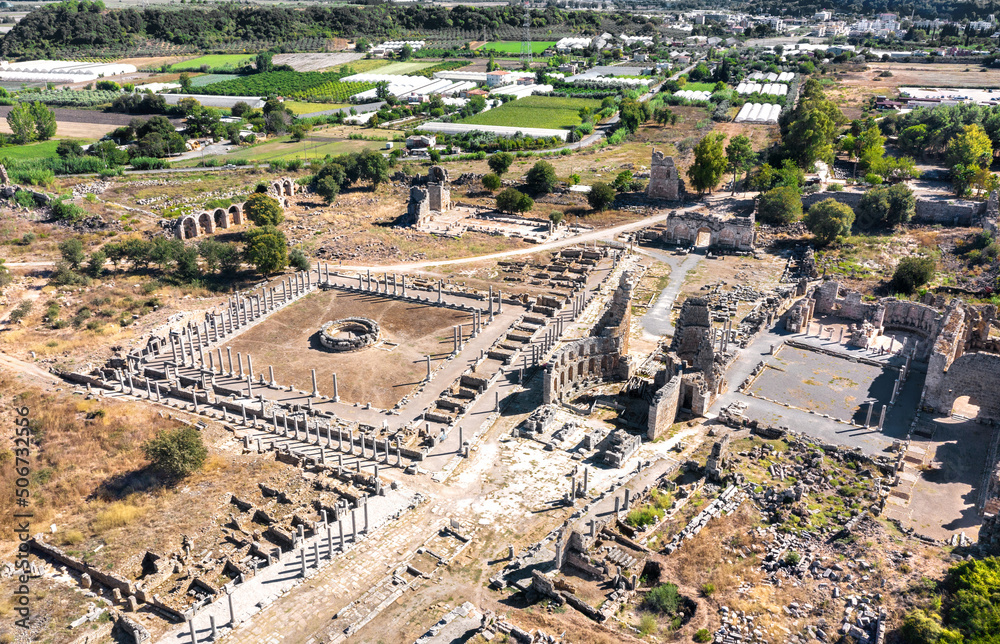 Ruins of the ancient city. Perge. Turkey. Aerial photography
