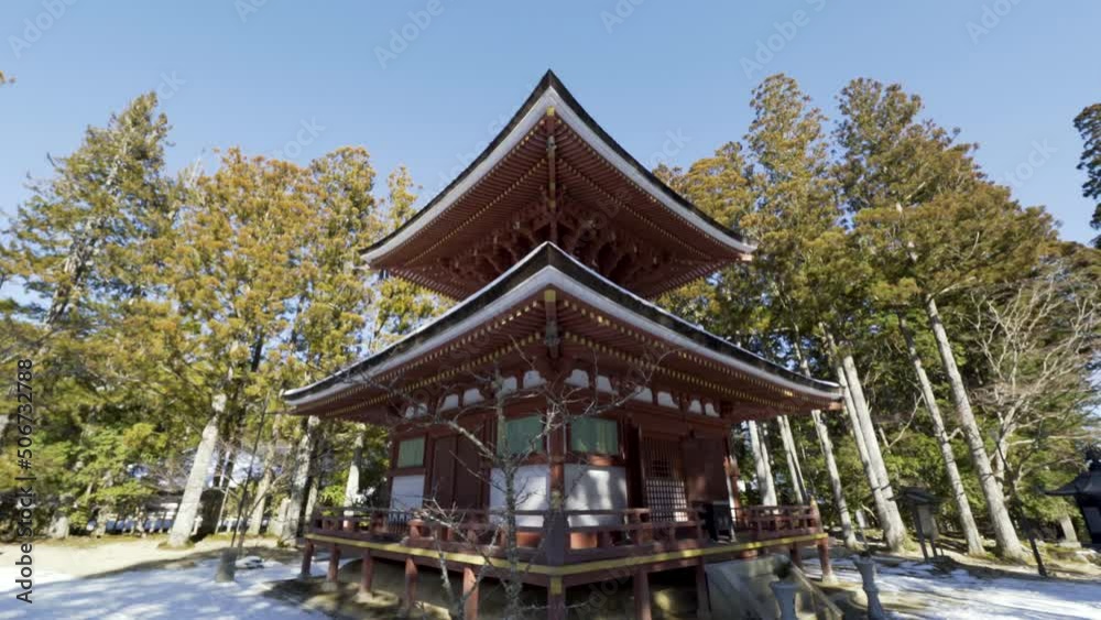 Cinematic gimbal shot of historic Buddhist temple at Mount Koya in Wakayama prefecture, Japan Cinematic gimbal shot of historic Buddhist temple at Mount Koya in Wakayama prefecture, Japan