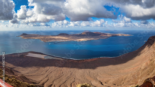 Haría, Spain - October 27, 2021: Graciosa Island. Photographed from the viewpoint of Mirador del Río with a fisheye lens.