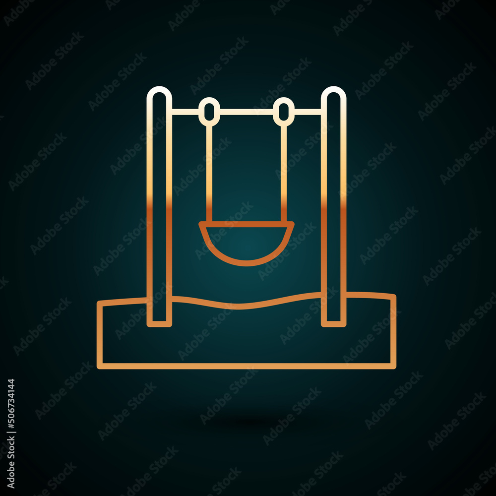 Gold line Swing for kids summer games on playground icon isolated on dark blue background. Outdoor entertainment equipment. Vector